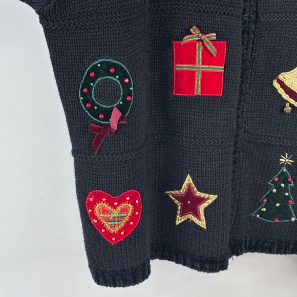 VTG 90s Croft & Barrow Embroidered Christmas Cardigan L Hand Knit Bead Bell Ugly - Picture 5 of 10